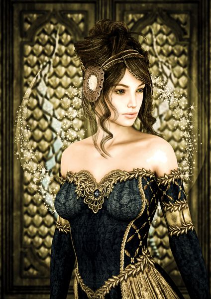 رندر دیجیتال 3D از یک شاهزاده خانم زیبا در پس زمینه قلعه پری اثر نقاشی
