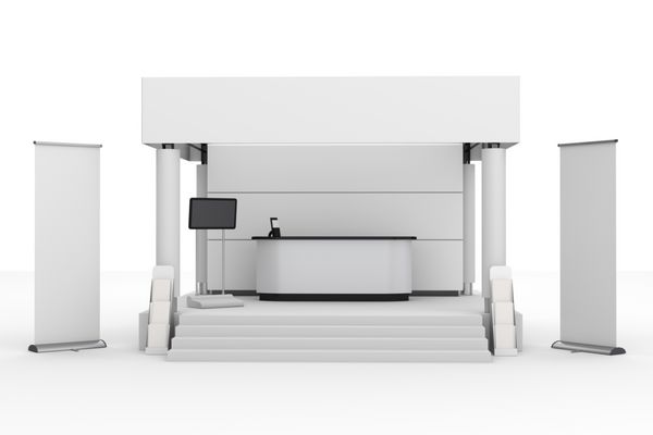 ایستاده سفید یا غرفه در یک نمایشگاه تجاری رندر 3d