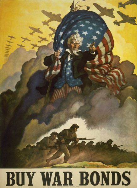 خرید جنگ اوراق قرضه جنگ جهانی دوم پوستر عمو سام او یک پرچم ایالات متحده را نگه می دارد و انگشت خود را به عنوان نیروهای رزمی با هواپیما پرواز می کند و از ابر دود جلوگیری می کند 1942