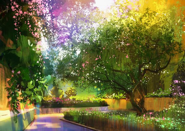 مسیر در یک پارک سبز صلح آمیز نقاشی دیجیتال تصویر