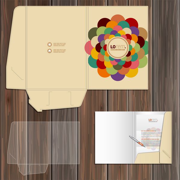 طراحی پوشه رنگی برای هویت سازمانی با عنصر مرکزی دور مجموعه لوازم التحریر