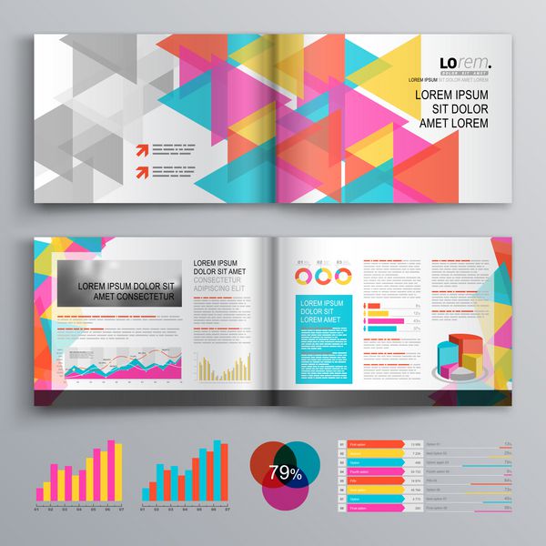 طراحی بروشور سفید خلاق با الگوی رنگی مثلث طرح پوشش و infographics