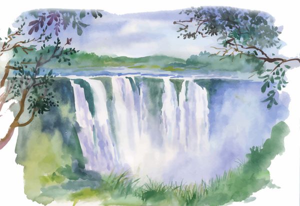 تصویر آبرنگ آبشار زیبا