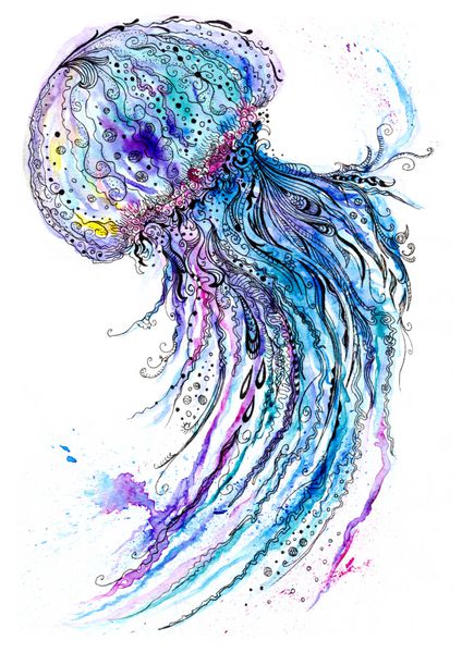 آبرنگ ژله ماهی و نقاشی جوهر هنر خلاق زندگی دریا تصویر هنر با مدوز آبی