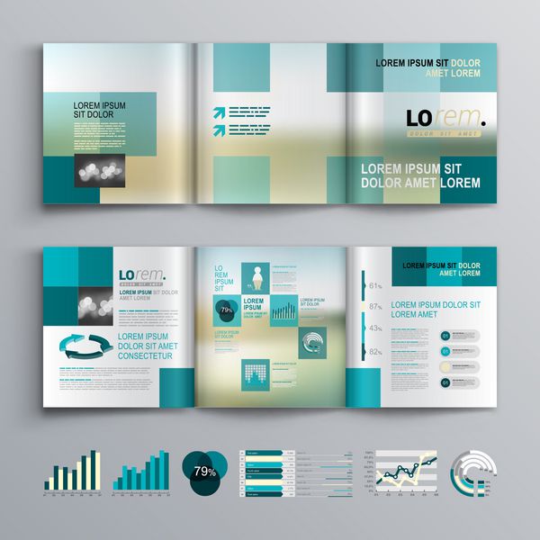 طراحی قالب بروشور آبی با شکل مربع طرح پوشش و infographics