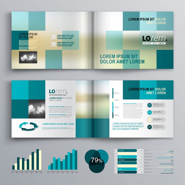 طراحی قالب بروشور آبی با شکل مربع طرح پوشش و infographics