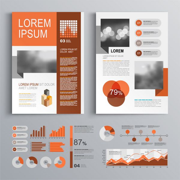 طراحی بروشور کلاسیک با نوار خط هندسی قرمز طرح پوشش و infographics