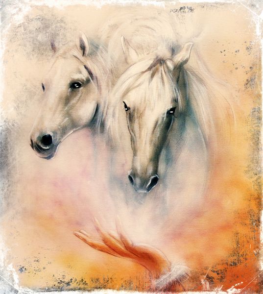 دو روح اسب سفید بالای یک دست شانان نقاشی زیبا با رنگ روغن بر روی بوم