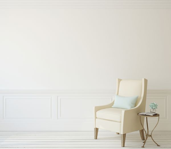 داخلی با صندلی بژ در نزدیکی دیوار سفید رندر 3d