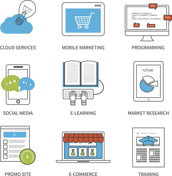 مفهوم طراحی بردار مدرن برای خدمات ابر بازاریابی تلفن همراه برنامه نویسی رسانه های اجتماعی یادگیری الکترونیکی تحقیقات بازار و تجارت الکترونیک آیکون خط نازک
