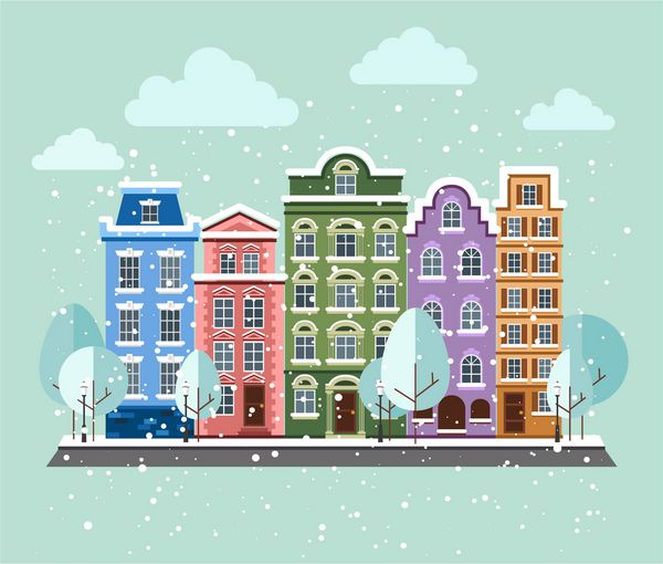 شهر پوشش داده شده برف تصویر پانورامیک رنگ