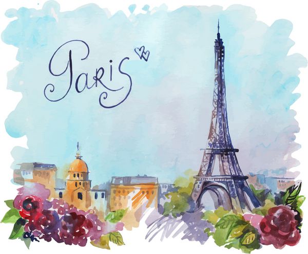 بردار نقاشی با دست بر روی کاغذ وارث زمینه زیبا با پاریس تصویر آبرنگ با برج ایفل از شهر با گل های پر گل و زیبا کتیبه با دست