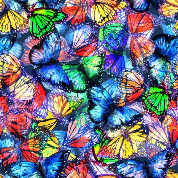 الگوی پروانه بدون درز پروانه های رنگارنگ پرواز می کند نقاشی آبرنگ اشباع گل الگوی انتزاعی در پس زمینه تاریک زرق و برق دار و رنگارنگ پروانه
