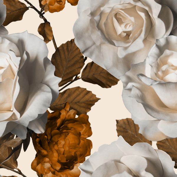 الگوی بدون درز گل آبرنگ یکپارچهسازی با سیستمعامل یکپارچهسازی با سیستمعامل با گل رز سفید و peonies قهوه ای طلایی جدا شده بر روی زمینه سفید