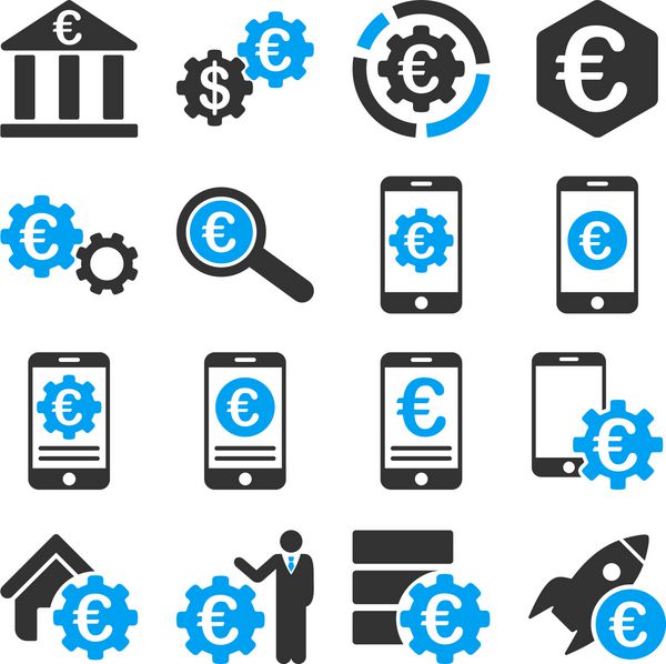آژانس خدمات بانک یورو و نمودار کسب و کار این نمادها از رنگ های آبی روشن و خاکستری استفاده می کنند