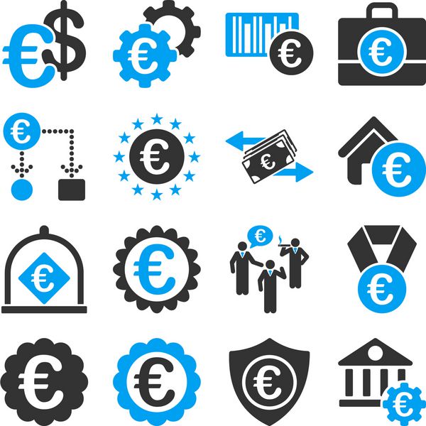 یورو خدمات مالی و آیکون روابط تجاری این نمادها از رنگ های آبی روشن و خاکستری استفاده می کنند