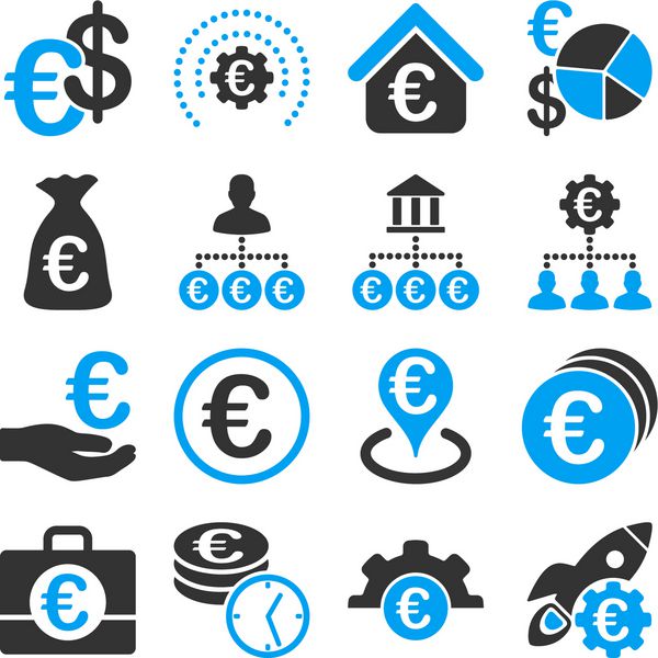 یورو خدمات مالی و نمودار کسب و کار آیکون این نمادها از رنگ های آبی روشن و خاکستری استفاده می کنند