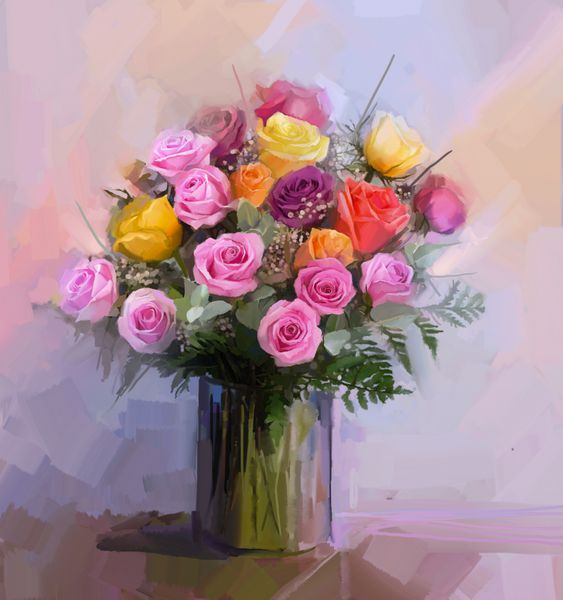 زندگی یک گلدان گل است نقاشی روغن گل قرمز و زرد گلدان در گلدان دست نقاشی گل در رنگ نرم و پس زمینه سبک مبهم