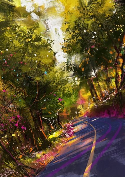 راه منحنی جاده آسفالت محاصره شده توسط رنگ برگ های پاییز نقاشی دیجیتال تصویر