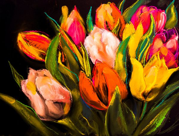 نقاشی پاستیل اصلی روی مقوا دسته گلهای تزیینی مدرن