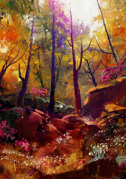 نقاشی چشم انداز جنگل پاییز زیبا با نور خورشید تصویر