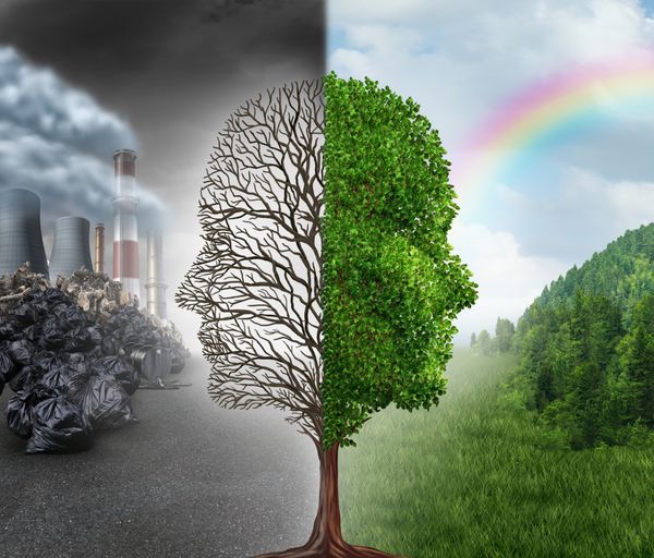 تغییر محیط و مفهوم زیست محیطی گرم شدن کره زمین به عنوان یک صحنه برش در دو با نیم نشان یک درخت مرده به عنوان سر انسان در آلودگی و در مقابل با هوای سالم سبز و گیاهان است