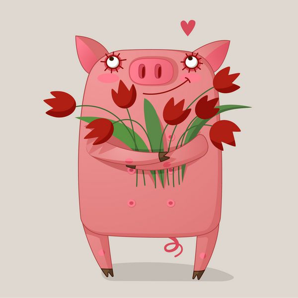 خوک کوچک با یک دسته از گل
