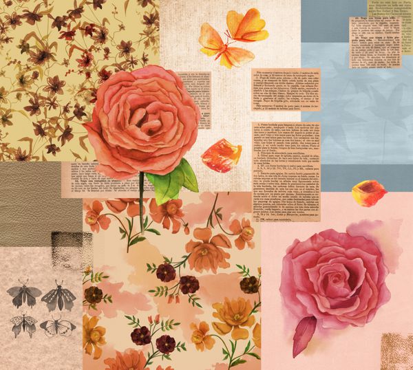 یک کولاژ با کیک تولد با گل رز پروانه ها بریده بریده روزنامه ها بر روی کاغذ قدیمی؛ طراحی پس زمینه و یا قالب کارت پستال