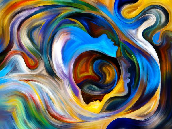 رنگ های سری ذهن ترکیب عناصر چهره انسان و شکل انتزاعی رنگارنگ به عنوان یک پس زمینه حمایت برای پروژه ها در ذهن ذهن فکر احساسات و معنویت