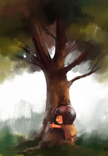 دختر کوچولو یک تکه درخت است تصویر آبرنگ