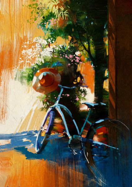 دوچرخه پرنعمت و کلاه قدیمی در روز تابستان نقاشی دیجیتال
