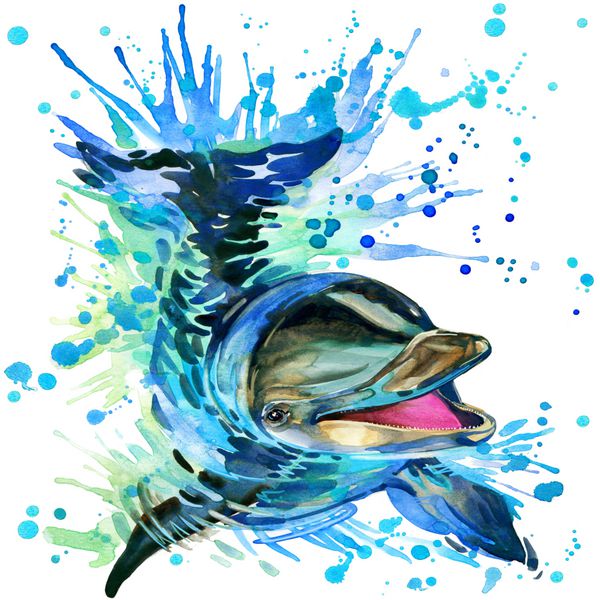 گرافیک تی شرت های دلفین خنده دار تصویر دلفین با پس زمینه آبرنگ چلپ چلوپ مد الگوی چاپ آفتابگردان دلفین پوستر برای منسوجات طراحی مد