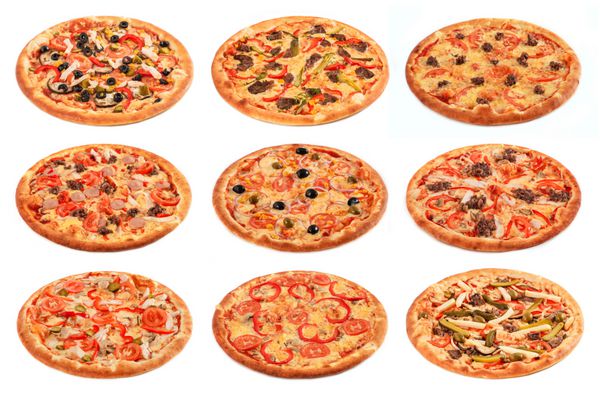 مجموعه بزرگ از بهترین پیتزا ایتالیایی بر روی زمینه سفید است