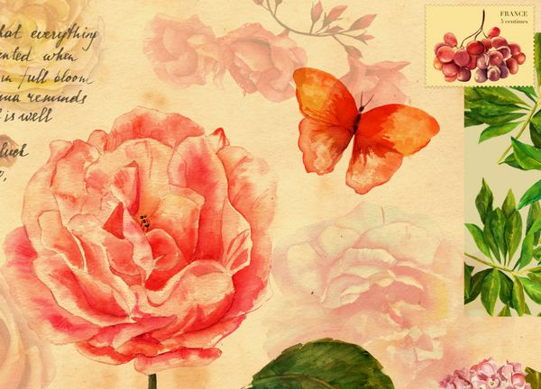 کلاژ سبک نسخه با گلهای ویکتوریا و گلهای دیگر پروانه ها یک تمبر پستی و یک قطعه از نامه