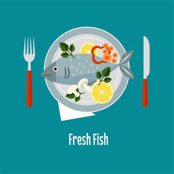 ماهی پخته شده و سبزیجات خام بر روی ورقه ورق