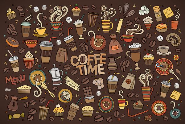 مجموعه بردار کارتونی دودل از اشیاء و نمادها بر روی موضوع زمان قهوه