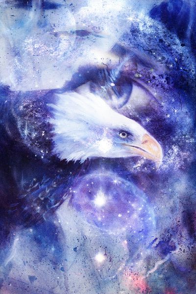 نقاشی عقاب با چشم زن در زمینه انتزاعی و نماد یین یانگ در فضا با ستارگان بال پرواز ایالات متحده آمریکا نمادها آزادی