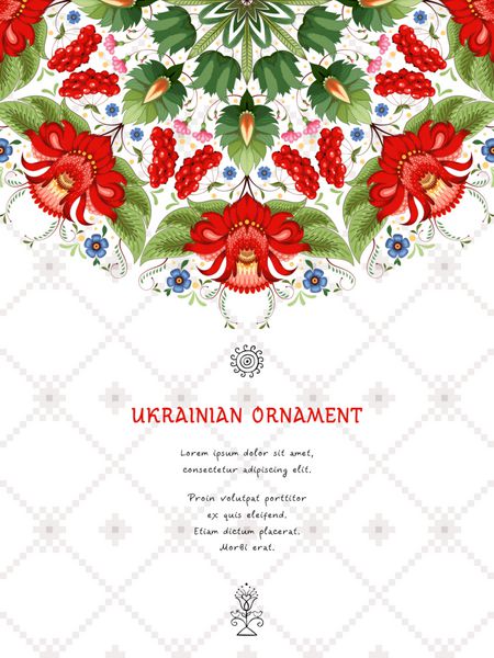 کارت برداری الگوی گل زیبا در اوکراین به سبک نقاشی Petrykivka و پس زمینه با تزئین مشابه با گلدوزی برای متن خود جای دهید
