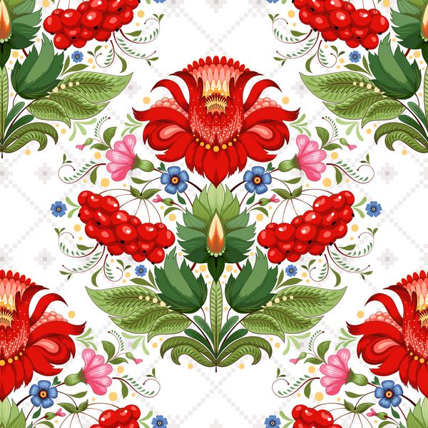 پس زمینه بدون درز براق با تزئین گل زیبا در اوکراین گل در سبک Petrykivka نقاشی و پس زمینه با الگوی شبیه به دوختن متقابل است