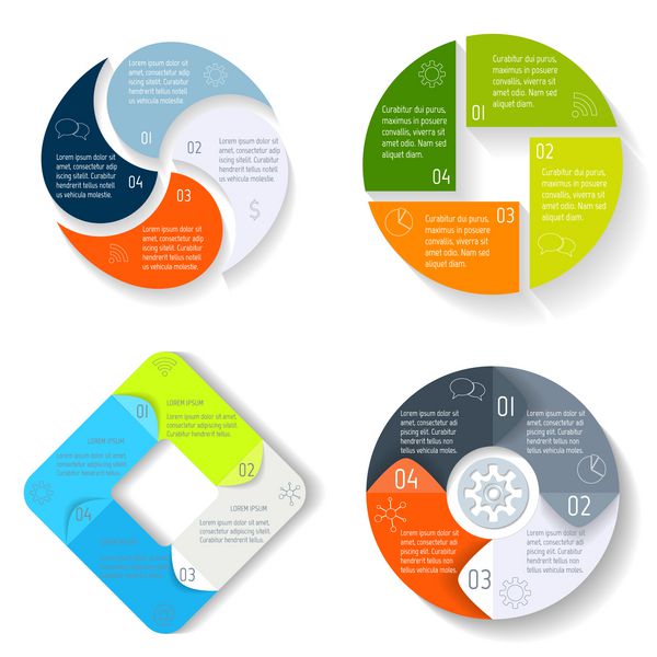 مجموعه مجموعه ای از نمودارهای infographics دور بردار نمودار متصل شده با 4 گزینه مراحل پیشرفت کاغذ برای آموزش بنرهای مفهومی کسب و کار EPS10 مجموعه طرح گردش کار