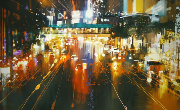 نقاشی از چراغ های خودرو در یک خیابان شهر در شب