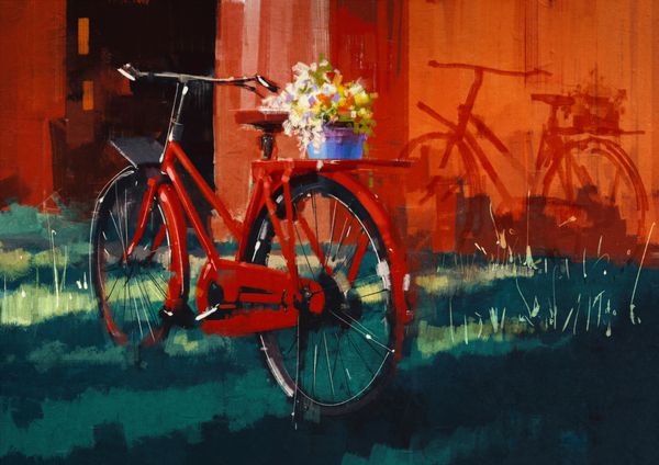 نقاشی از دوچرخه پرنعمت با سطل پر از گل