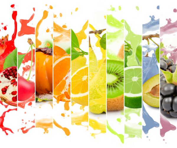 مجموعه رنگ میوه ای رنگارنگ میوه با چلپ چلوپ بر روی زمینه سفید
