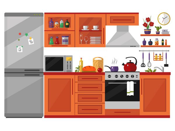 داخلی آشپزخانه با مبلمان ظروف غذا و وسایل از جمله یخچال اجاق مایکروفر کتری دیگ آیکون وکتور بردار سبک و تصویر جدا شده بر روی سفید