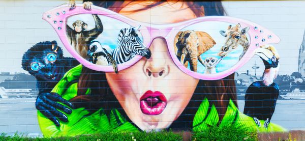 COLOGNE؛ آلمان 2015 سپتامبر 11 نقاشی دیواری از باغ وحش کلن در نتیجه یک مسابقه هنرمندان برنده در سال 2011 قسمت هایی از دیوار را نقاشی کردند