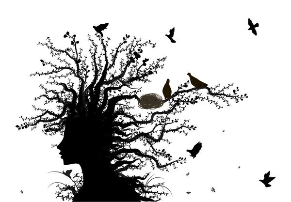 روح درخت چهره درخت روح طبیعت پرندگان به درخت زنده زن درخت سیاه و سفید سایه باز می گردند