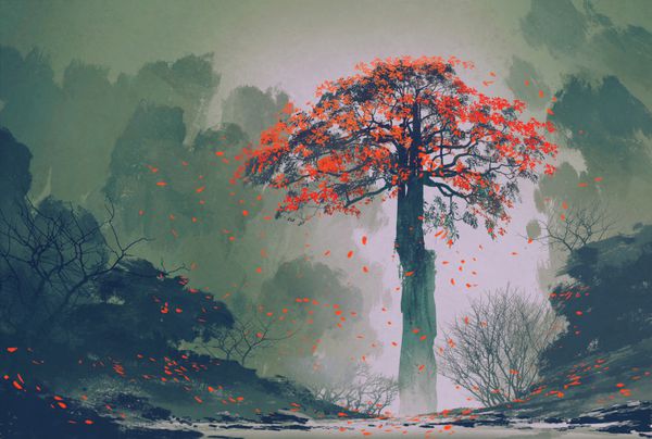 درخت پاییزی تنبل با برگ های سقوط در جنگل زمستانی نقاشی چشم انداز