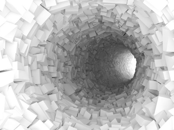 چکیده سفید تونل سفید با دیوار ساخته شده از بلوک های هرج و مرج فن آوری است تصویر 3D دیجیتال