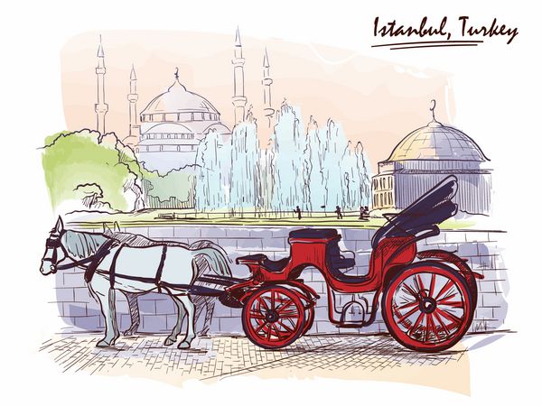 Landau کشیده اسب در انتظار گردشگران در میدان سلطان محمود استانبول ترکیه طرح خط جدا شده در یک لایه جداگانه در بالای زمینه آبرنگ ردیابی شده است EPS10 بردار تصویر