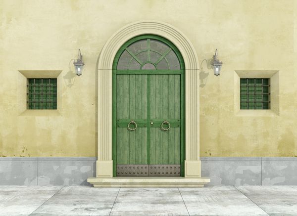 جزئیات یک نمای قدیمی با دروازه سبز و دو پنجره کوچک 3D Rendering